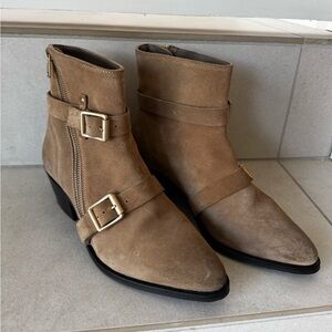 All Saints Tan Suede Ankle Boots with Gold Buckles